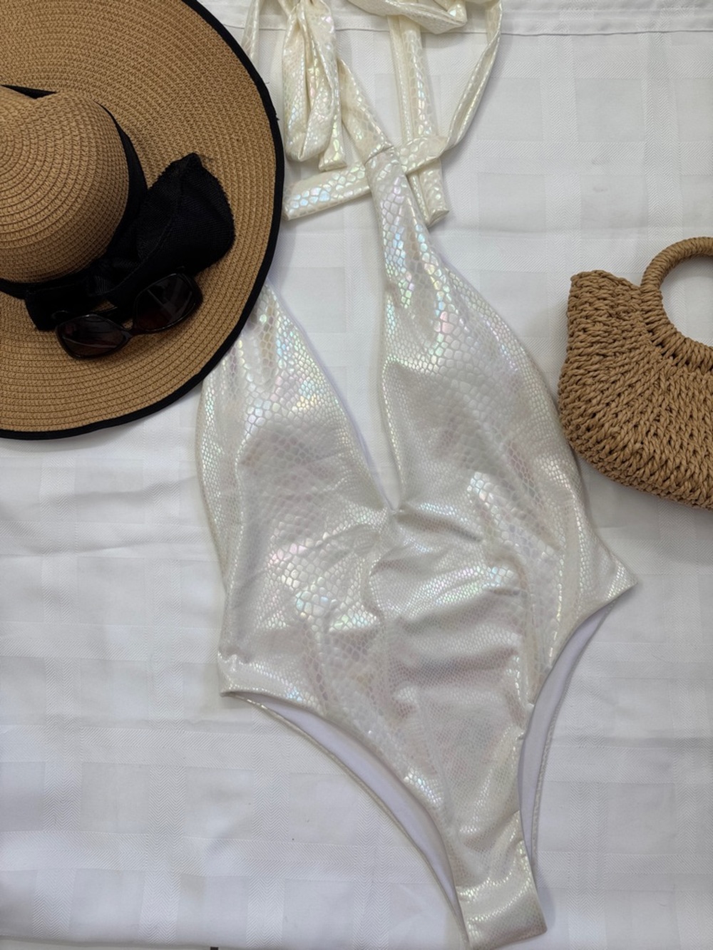 NEW SHEIN Metallic Iridescent Pearl One-Piece Swimsuit. Tie Waist.
